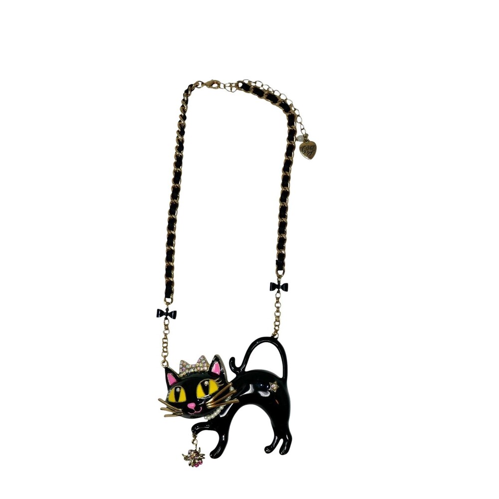 Betsey Johnson Black Cat Spider Princess Kitty Enamel Pendant Statement Necklace - Picture 3 of 11